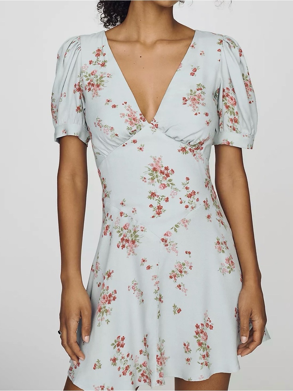 Reformation Pale Blue Floral V-Neck Mini Dress